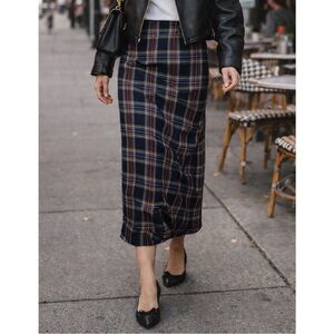ZARA Plaid Midi Pencil Skirt Navy Red | Preppy Classic Fit